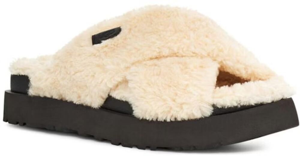 UGG Fuzz Sugar Cream Black Cross Platform Slip On Slide Slippers Women’s Size 9